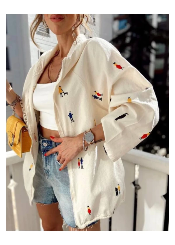 Kapüşonlu Fermuarlı Baskılı Çocuk Adam Ekru Salaş Ceket