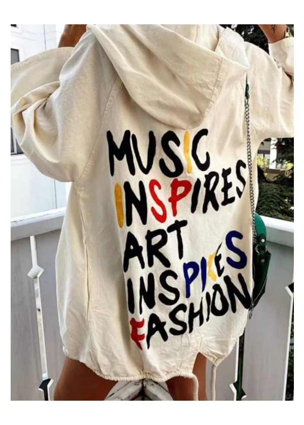 Renkli Slogan Baskılı Kapüşonlu İnce Tasarım Salaş Ceket