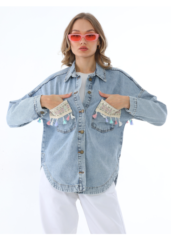 Dantel Cep Detay Kadın Mavi Kot Gömlek