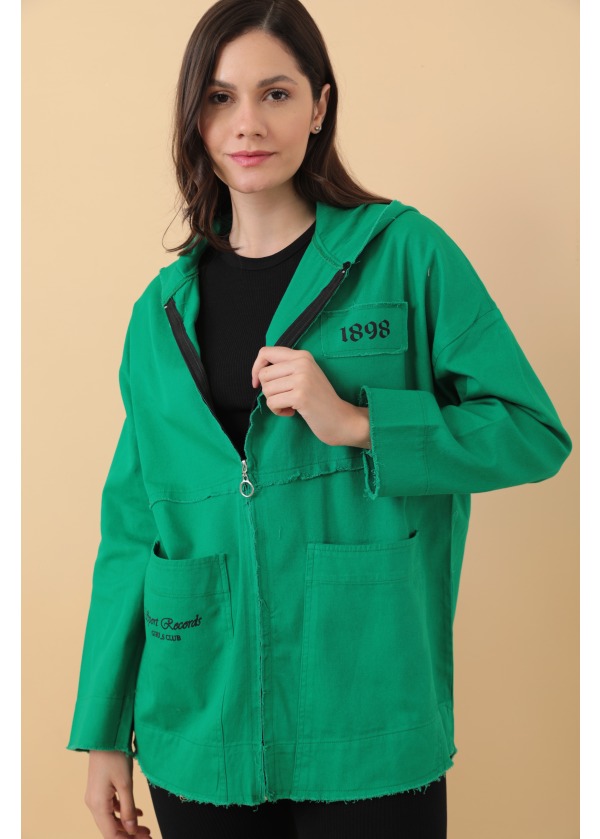 Cepli Kopüşonlu Sayı Baskılı Kadın Yeşil Salaş Ceket