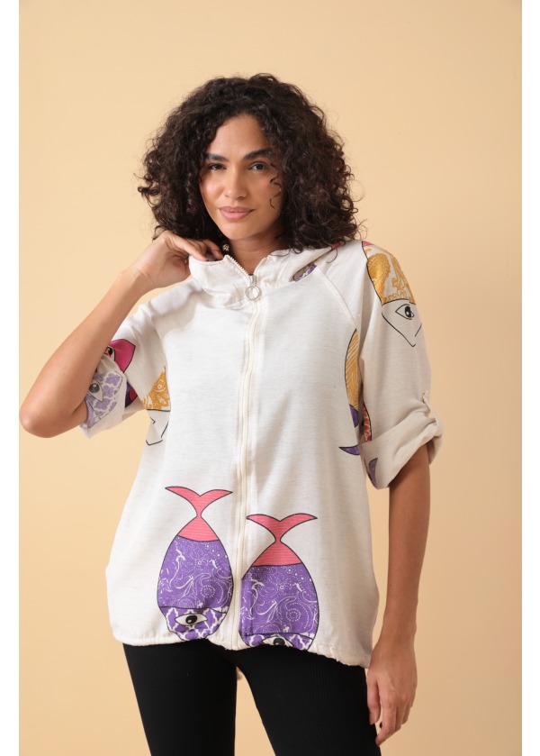 Balık Desen Kapüşonlu Cep Detay Kadın Salaş Ceket