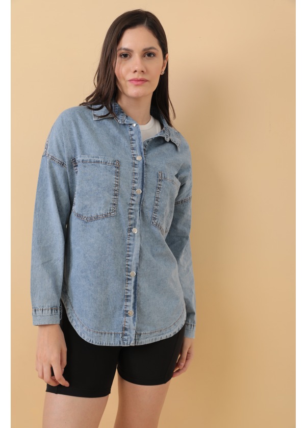 Çift Cepli Çıtçıt Detay Kadın Denim İnce Kot Gömlek
