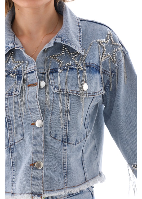 Taş Zincir Detaylı  Tasarım Denim Kot Ceket