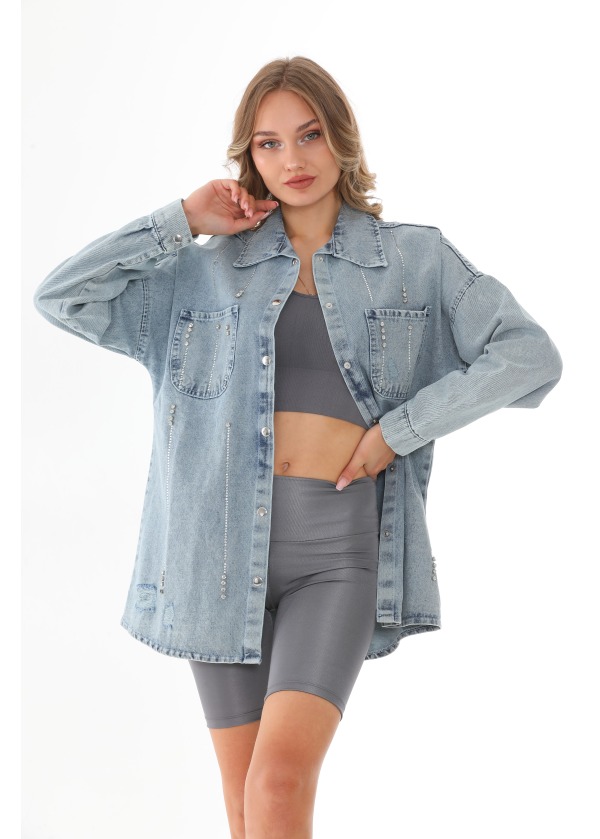 Taş Detay Cepli Eskitme Kadın Mavi Kot Gömlek