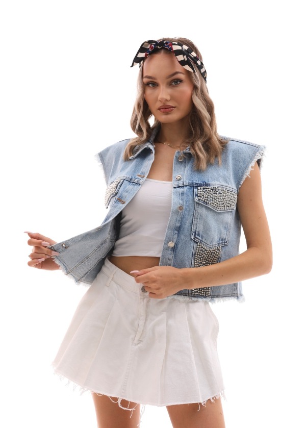 Boncuk Detaylı Şık Tasarım Mavi Kot Yelek