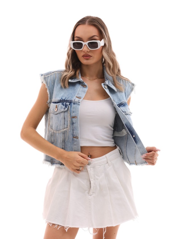 Zincir Detaylı Şık Tasarım Mavi Kot Yelek