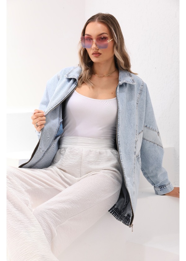 Uzun Salaş Kot Ceket Cepli Çizgi Detaylı