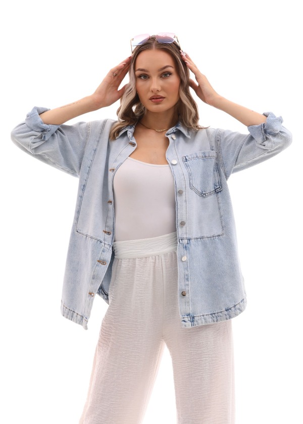 Tek Cepli Kare Mavi Desen Kot Gömlek Ceket