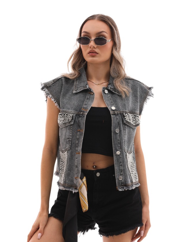 Boncuk Detaylı Şık Tasarım Antrasit Kot Yelek