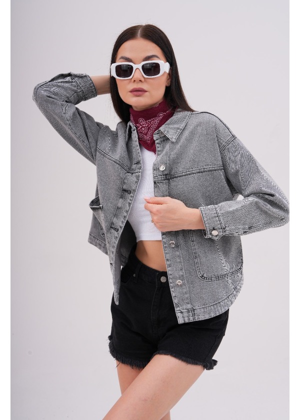 Kısa Antrasit Kot Ceket Cep Detaylı Şık