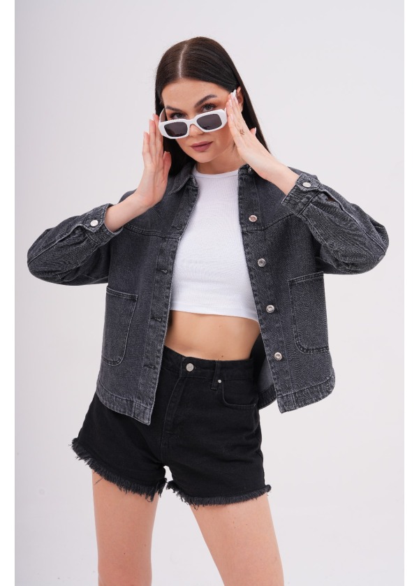 Kısa Siyah Kot Ceket Cep Detaylı Şık