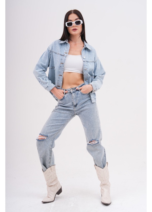 Kısa Mavi Kot Ceket Cep Detaylı Şık